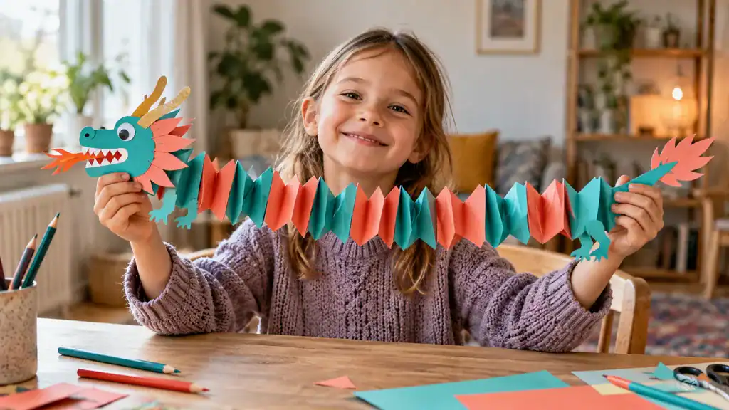 Child proudly holding a turquoise and coral concertina paper dragon above a craft table.
