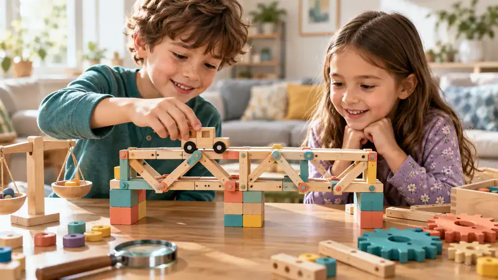 Children aged 6 to 8 testing a bridge built with an educational construction toy