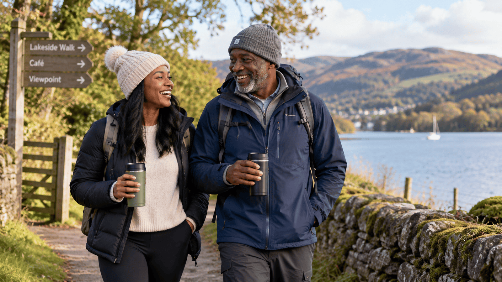 Dad and adult daughter enjoying a relaxed lakeside walk together
