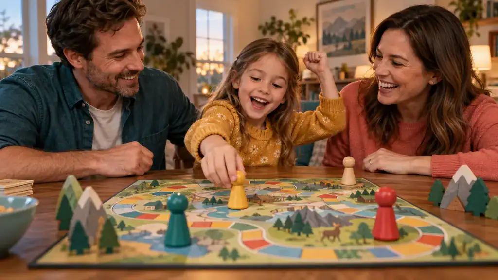 Child celebrating a move while playing a colourful board game with her parents.