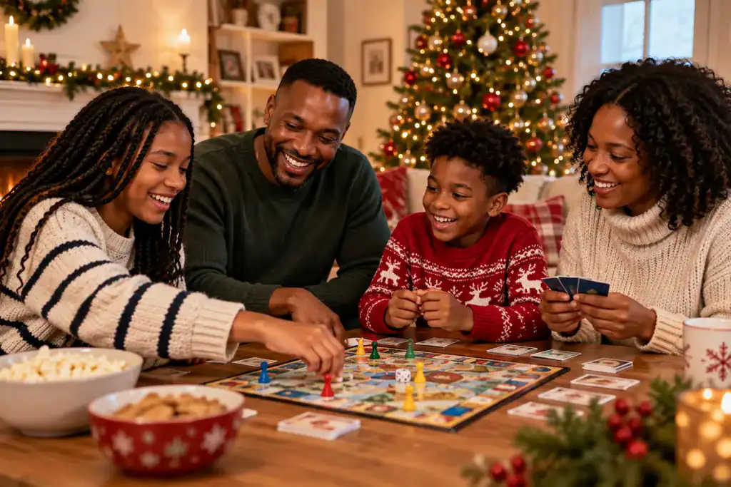 Family of different ages enjoying a game together at Christmas