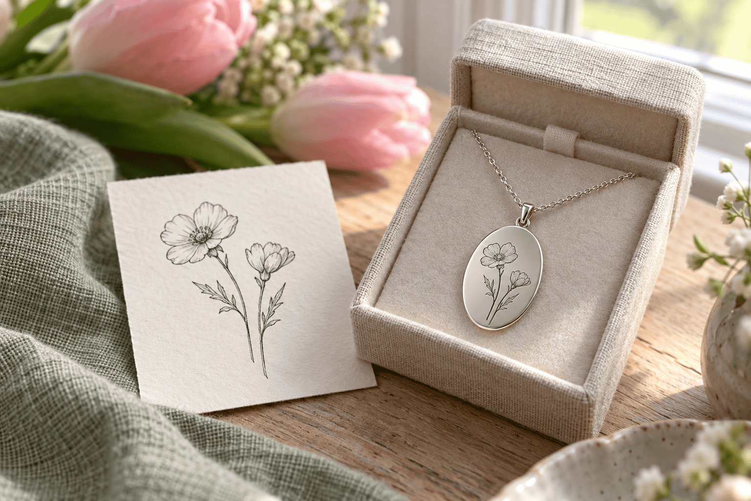 Silver-coloured floral pendant in a linen jewellery box beside a matching flower drawing.