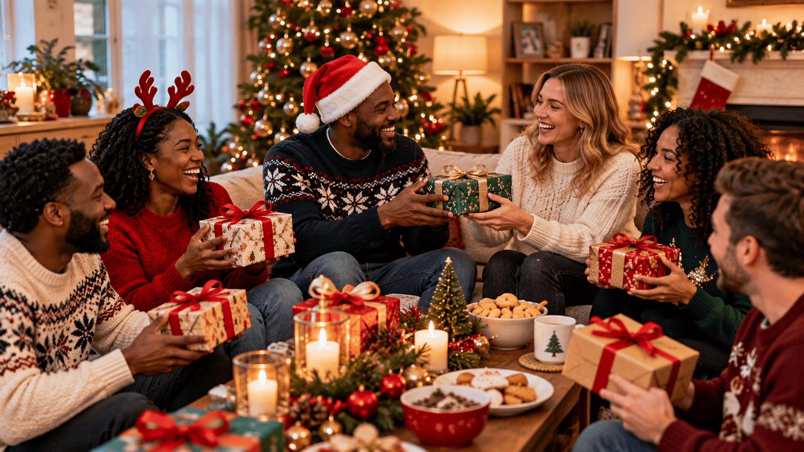 Friends and family exchanging Christmas presents at home