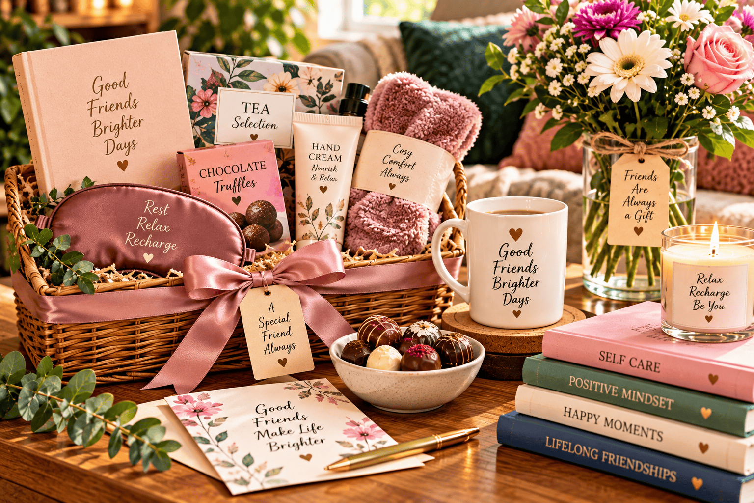 Friendship gift hamper with tea chocolates hand cream cosy accessories flowers and a candle