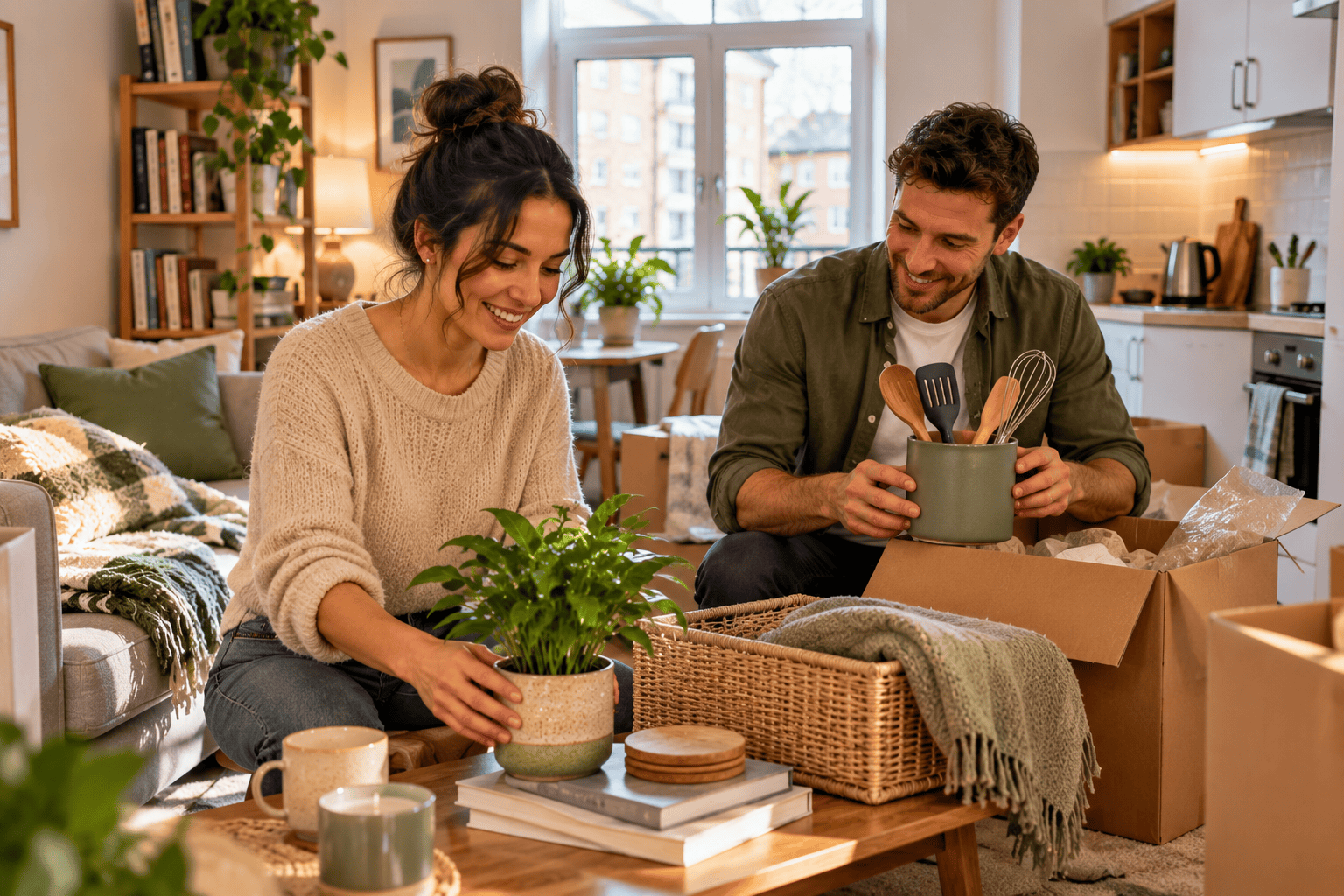 Couple arranging compact useful items in a small rented flat
