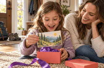 Child opening an adventure invitation—an idea for gifts for children who seem to have everything—with a smiling parent beside her.