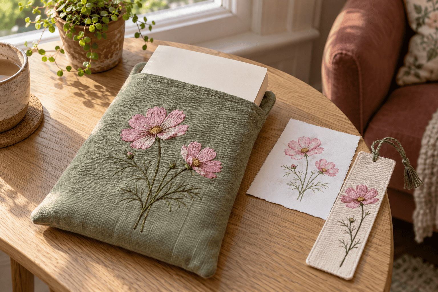 Sage book sleeve and cream bookmark embroidered with pink flowers beside a matching sketch.