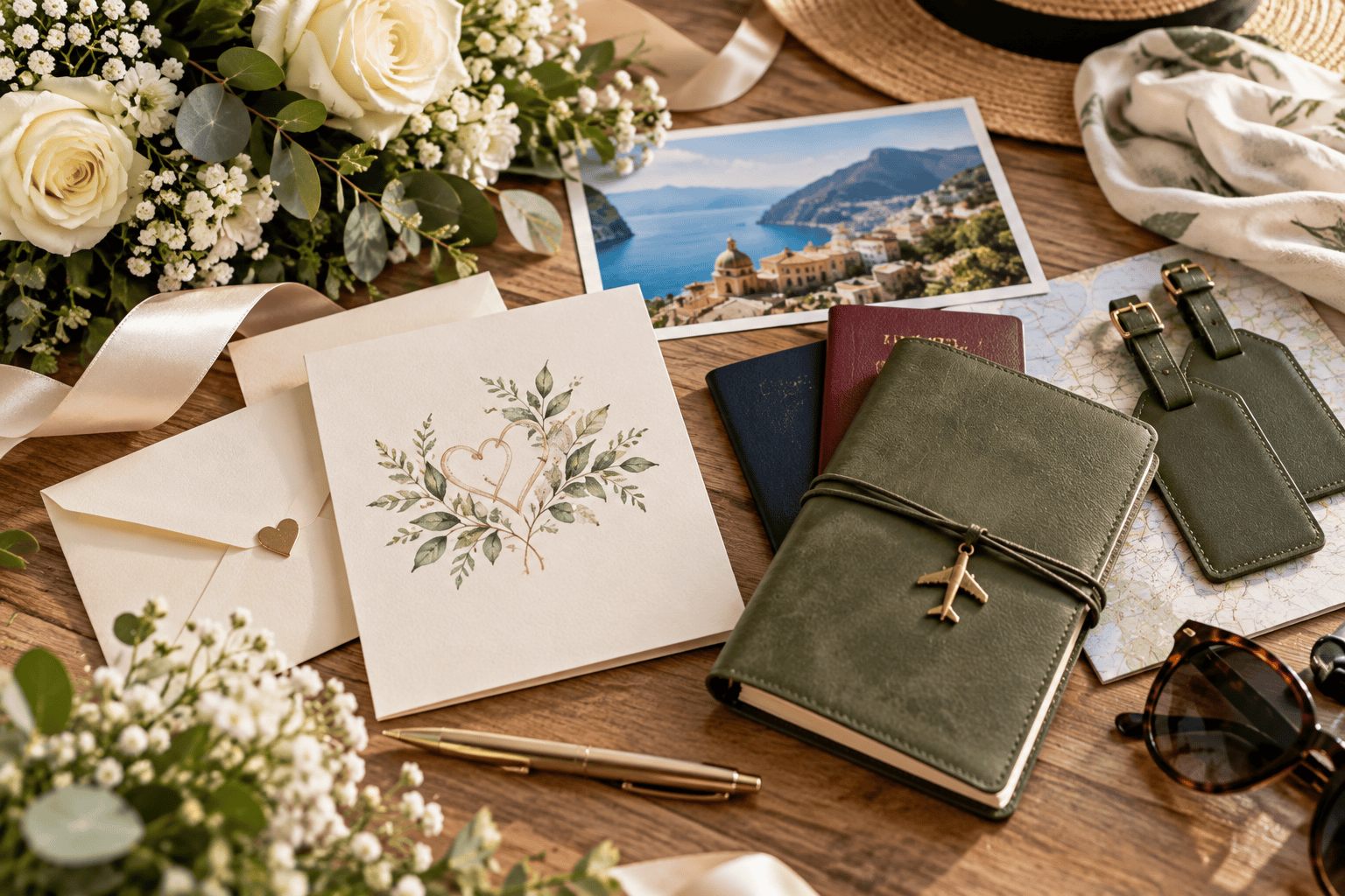 Wedding card, travel journal and honeymoon accessories representing a thoughtful cash wedding gift