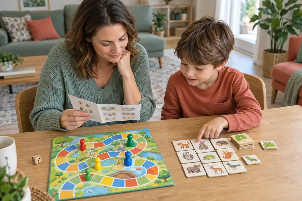Parent and child playing an educational board game together at a table