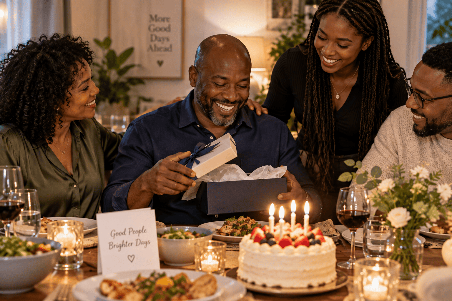 Man opening a milestone birthday gift surrounded by friends and family
