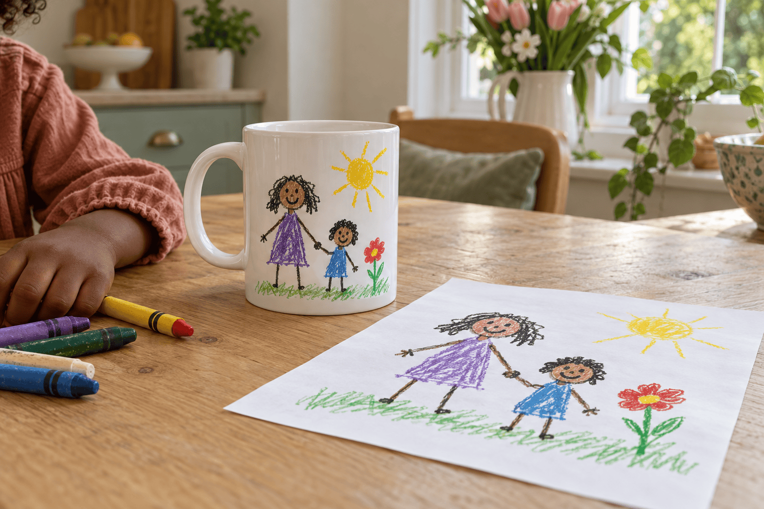 White mug printed with a child’s family drawing beside the original artwork and crayons.
