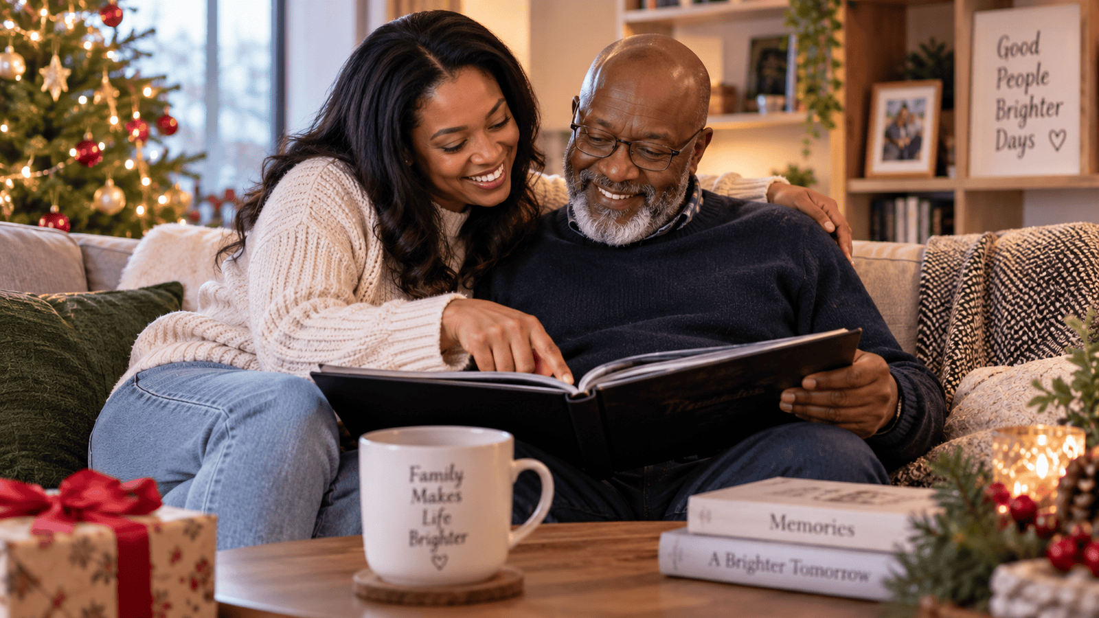 Dad and adult daughter looking through a family photo album together at Christmas
