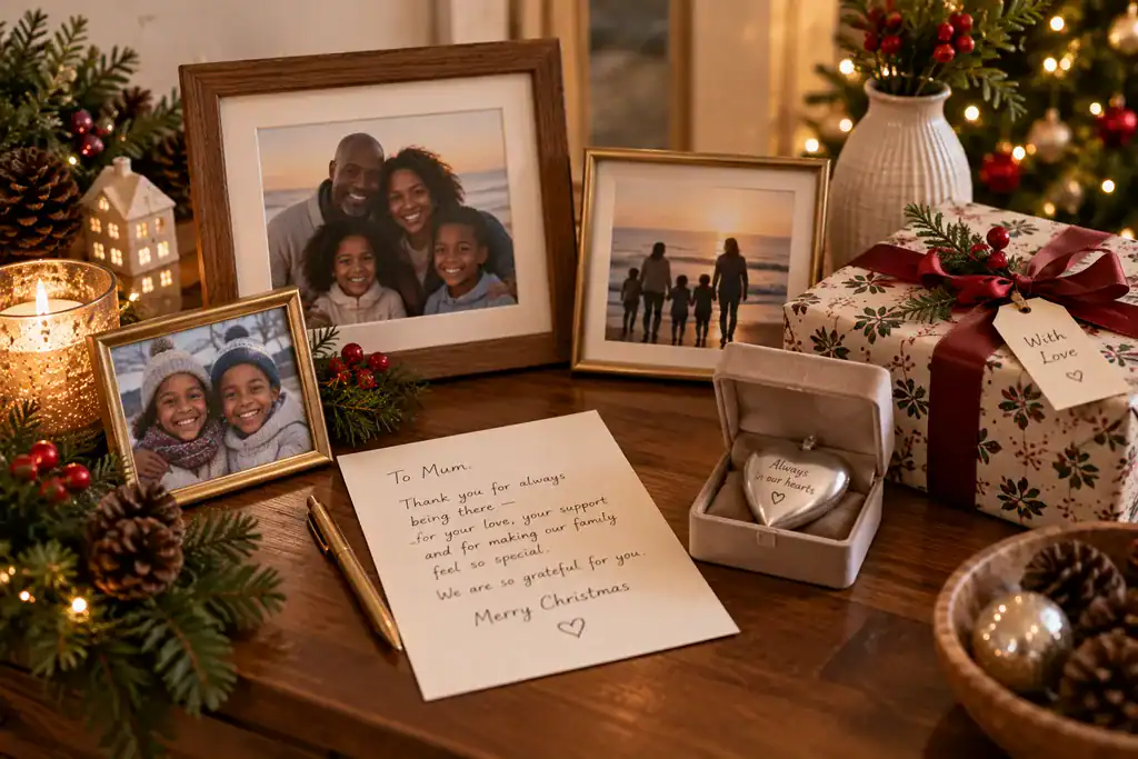 Family photographs and a handwritten letter arranged as meaningful Christmas gift ideas for Mum