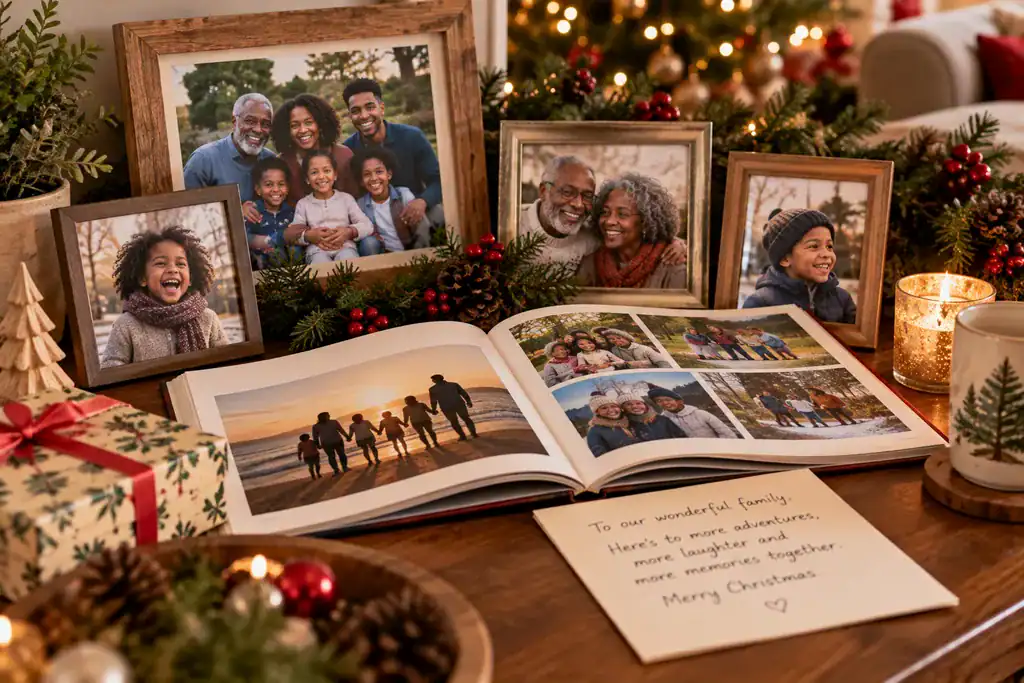 Family photographs and photo book representing a meaningful shared Christmas gift.