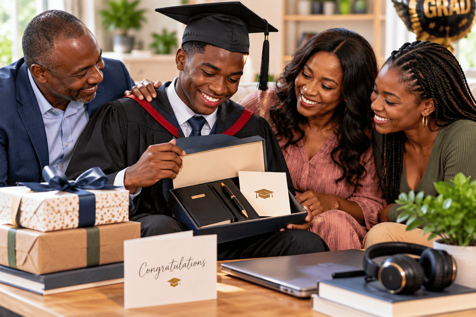 Graduate opening a meaningful graduation gift while celebrating with family
