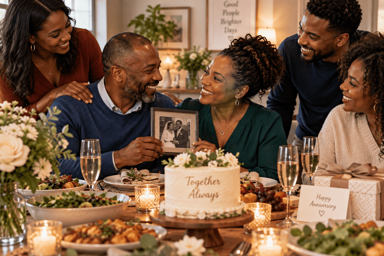 Couple celebrating a milestone anniversary at home with close family and a wedding photograph