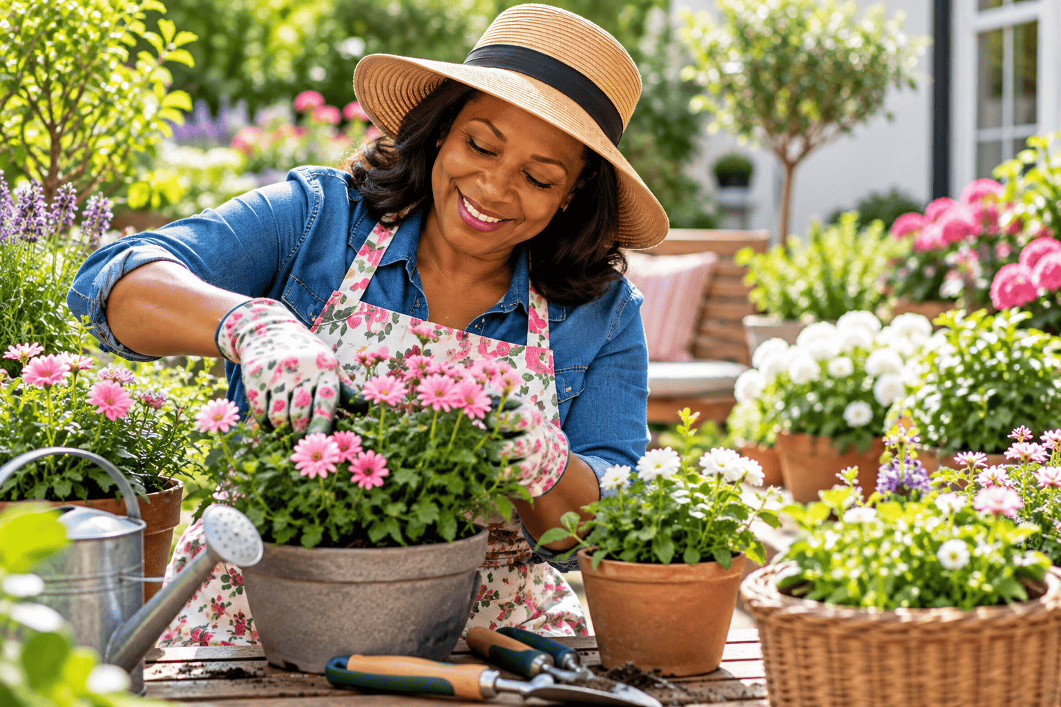 Mother enjoying gardening among colourful flowers on Mother’s Day
