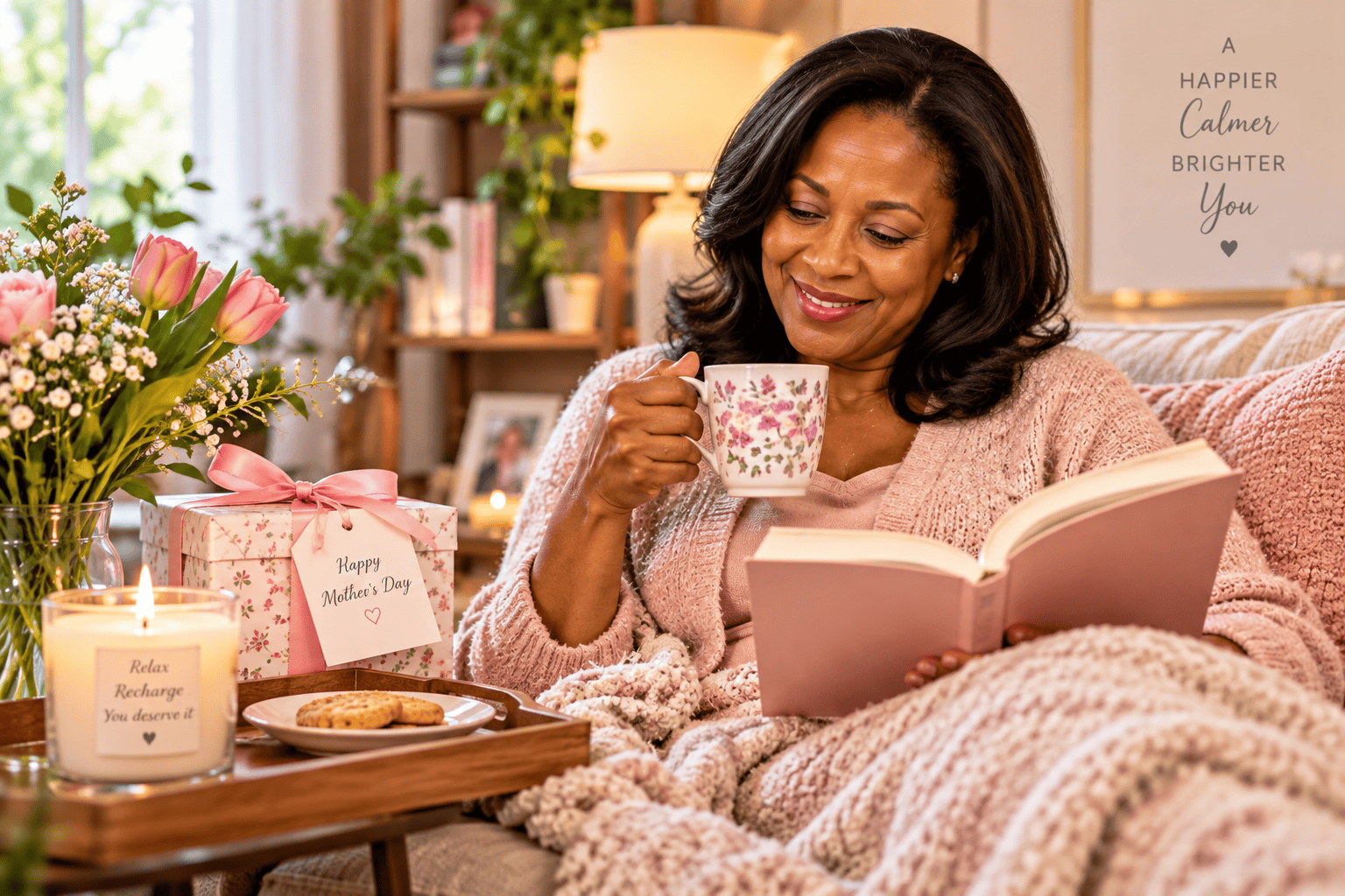 Mother enjoying quiet time at home with a book and tea on Mother’s Day