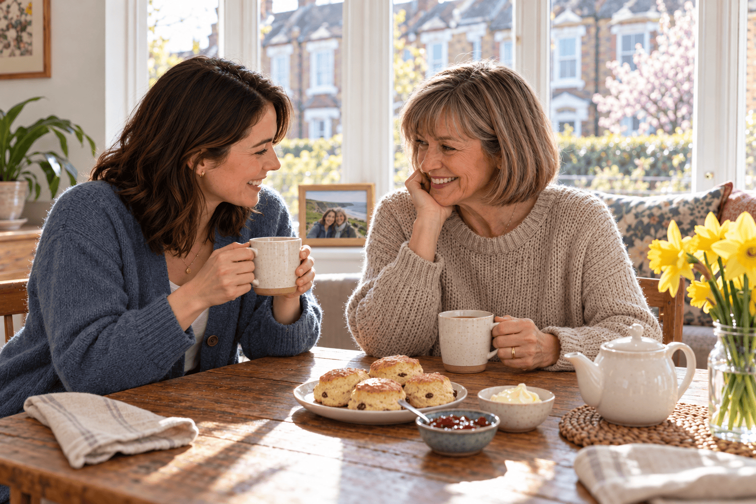 Mum and daughter sharing tea and scones, with their framed photograph behind them.