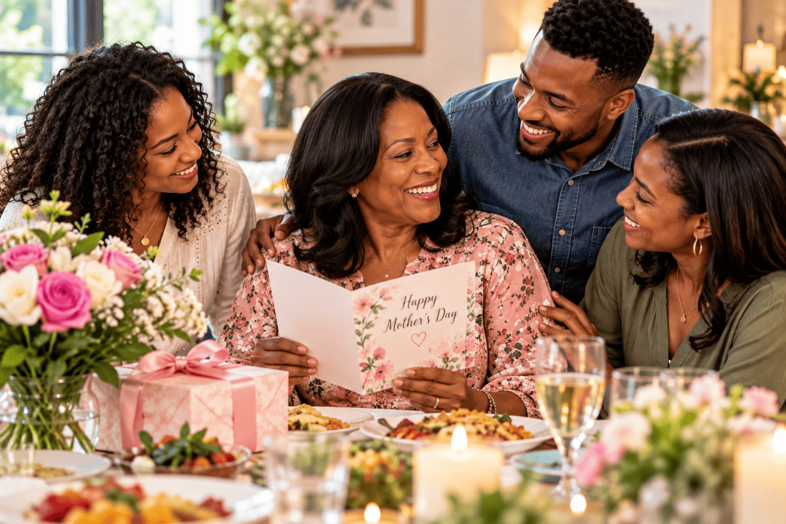 Mother celebrating Mother’s Day with her adult children over a family meal