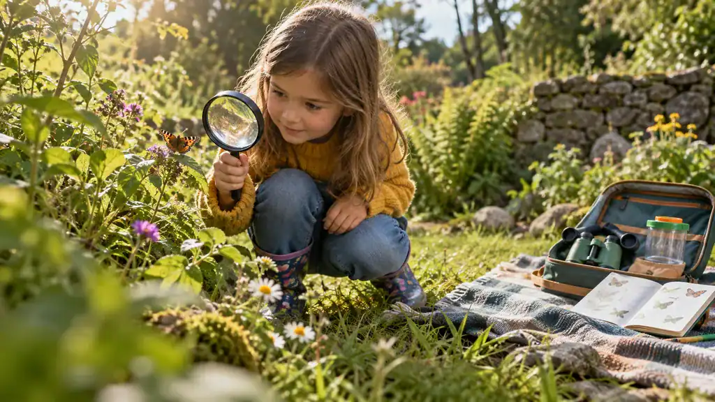 Six-year-old examining a butterfly with a magnifying glass in a garden