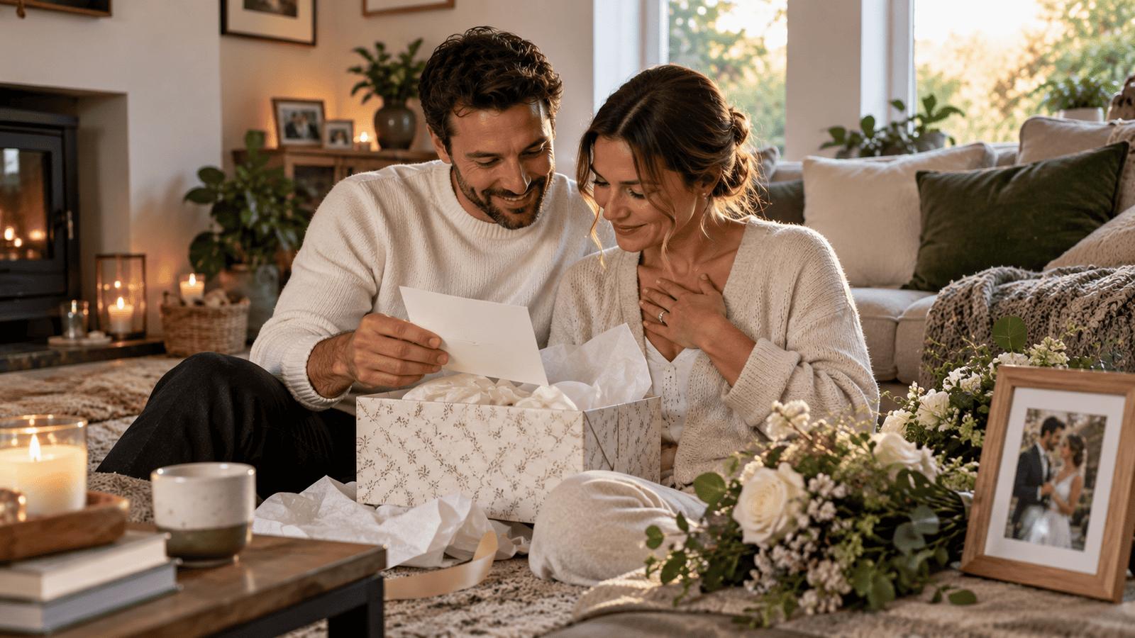Newlywed couple at home reading a handwritten card together