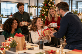 Diverse colleagues exchanging thoughtful Christmas gifts in a modern office