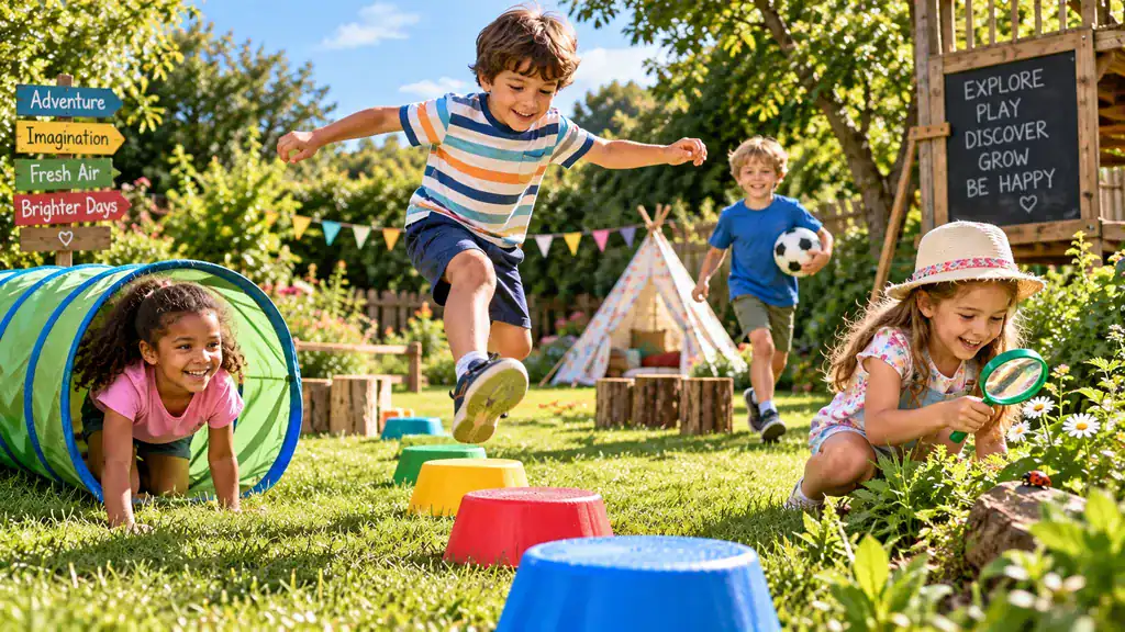 Children aged 6 to 8 enjoying an outdoor obstacle course, play tunnel, football and nature exploration in a garden.