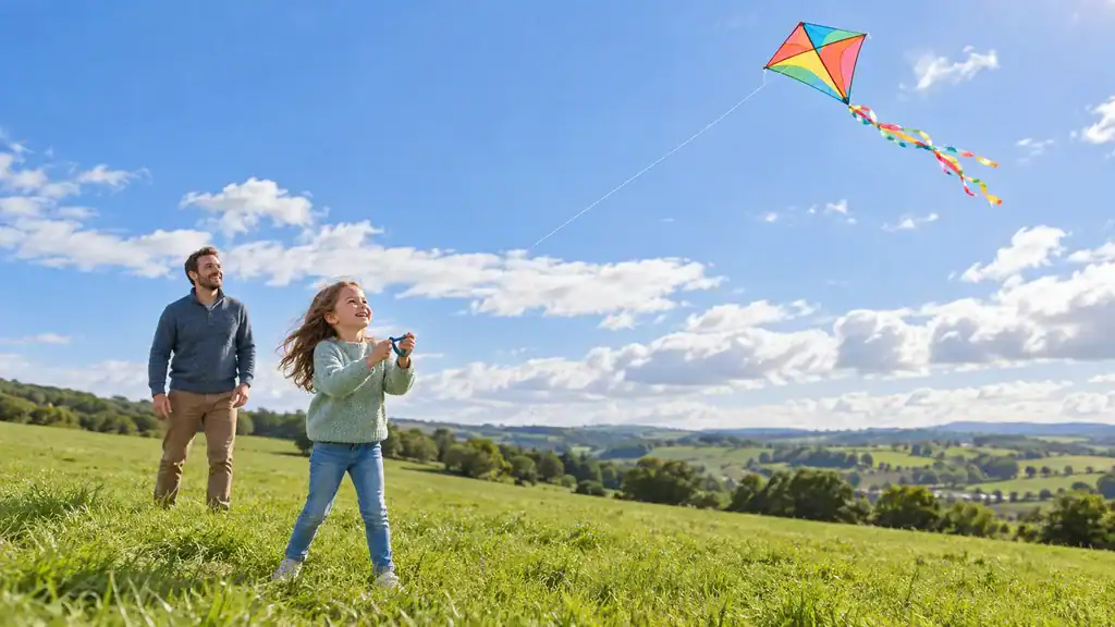 Child flying a colourful kite in a sunny green meadow with a parent nearby