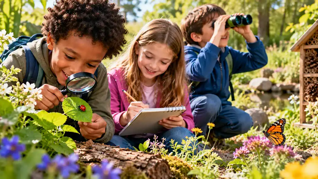 Children exploring nature with a magnifying glass, binoculars and notebook during an outdoor STEM activity.