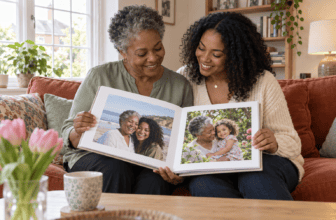 Mum and her adult daughter smiling over a personalised photo book on a terracotta sofa.
