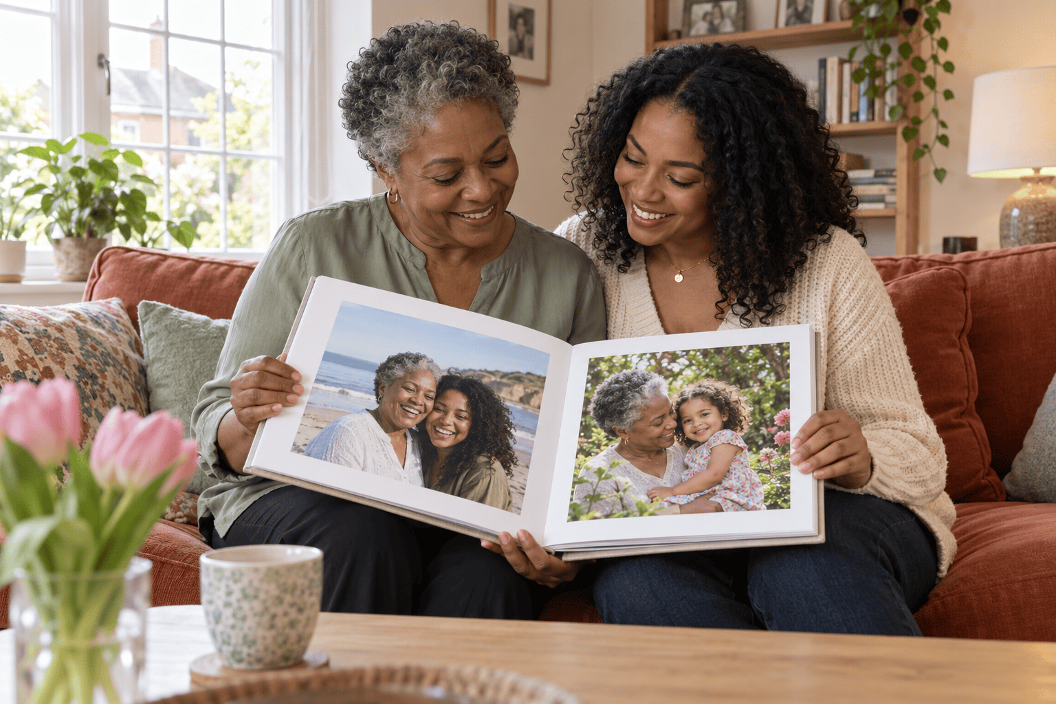 Mum and her adult daughter smiling over a personalised photo book on a terracotta sofa.