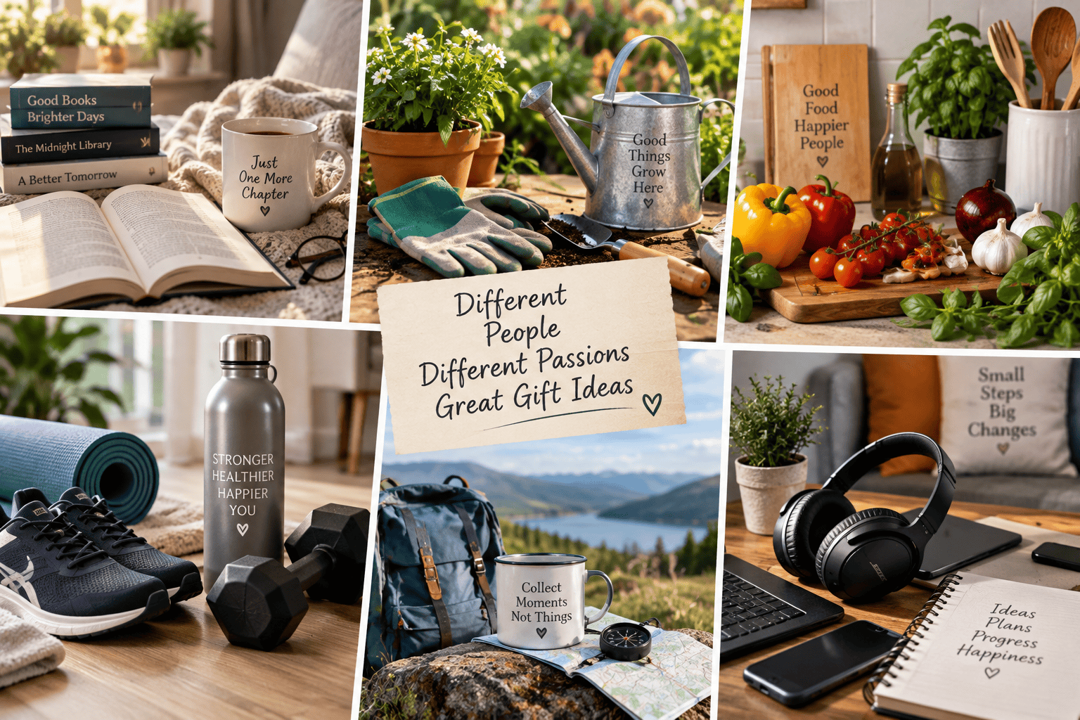 Collage of reading, gardening, cooking, fitness, travel and technology interests