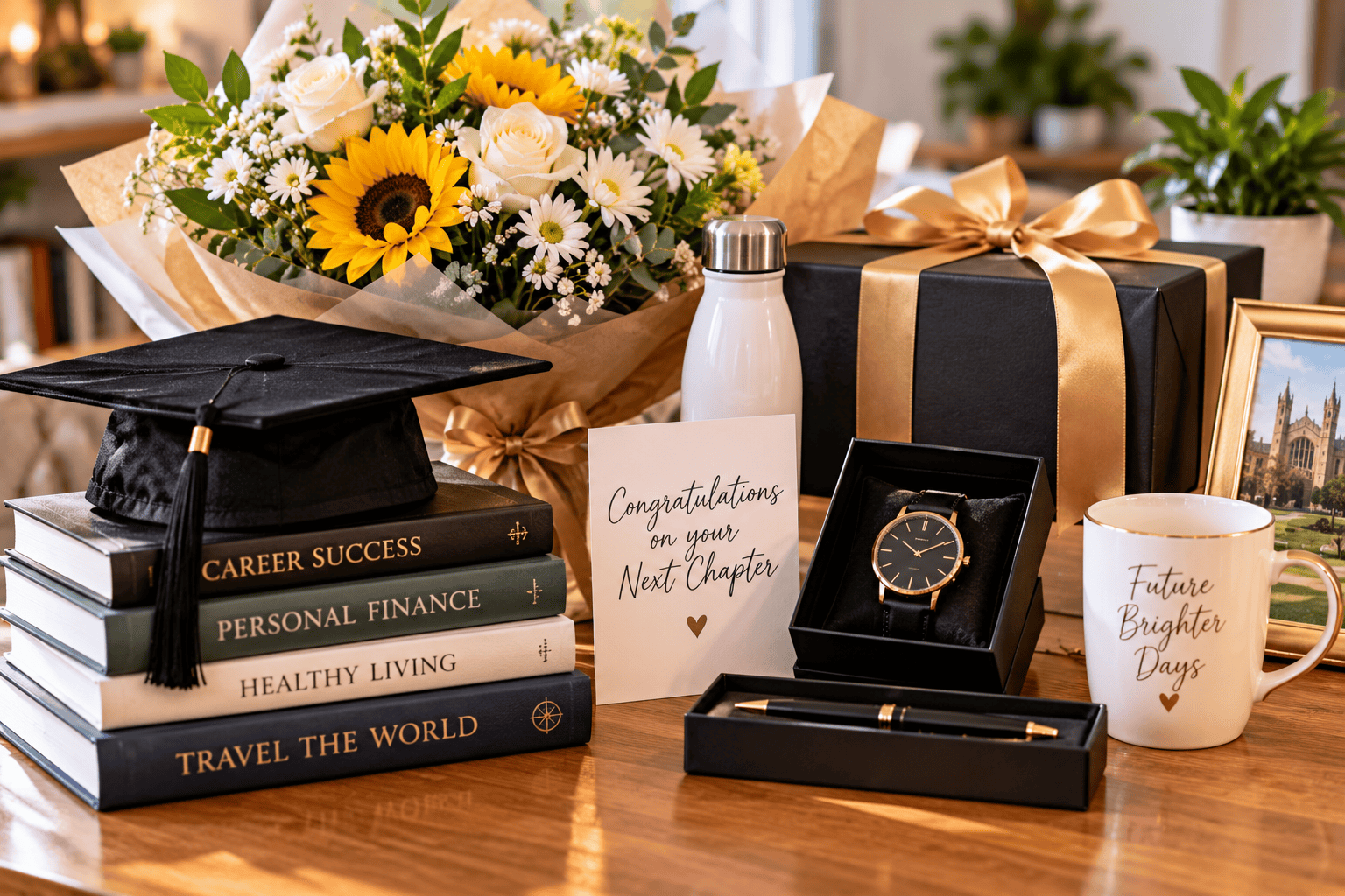 Practical graduation gift ideas including flowers books a watch pen and wrapped present