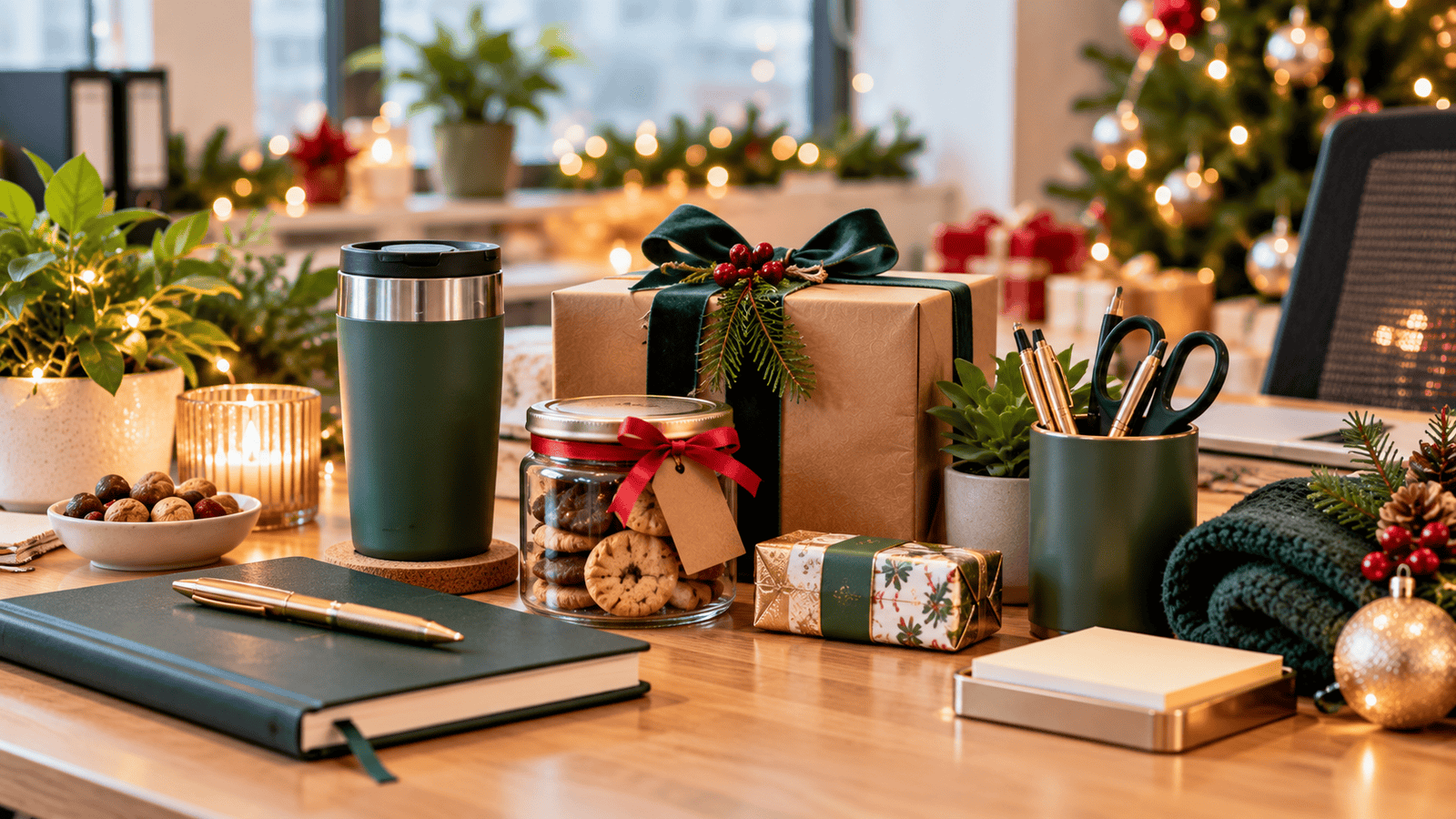 Practical office Christmas gifts including a notebook travel cup food gift and desk accessories