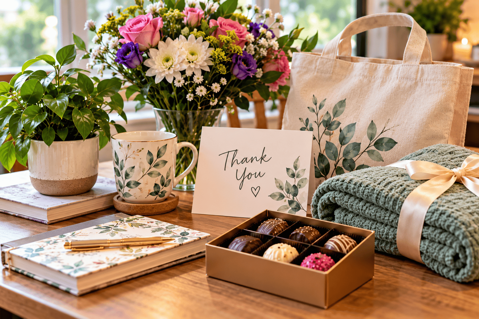 Practical thank you gift ideas including a plant mug notebook chocolates and cosy throw