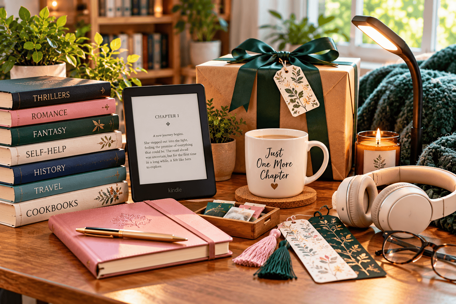 Reading accessories and gifts for book lovers including an e-reader journal bookmarks and headphones
