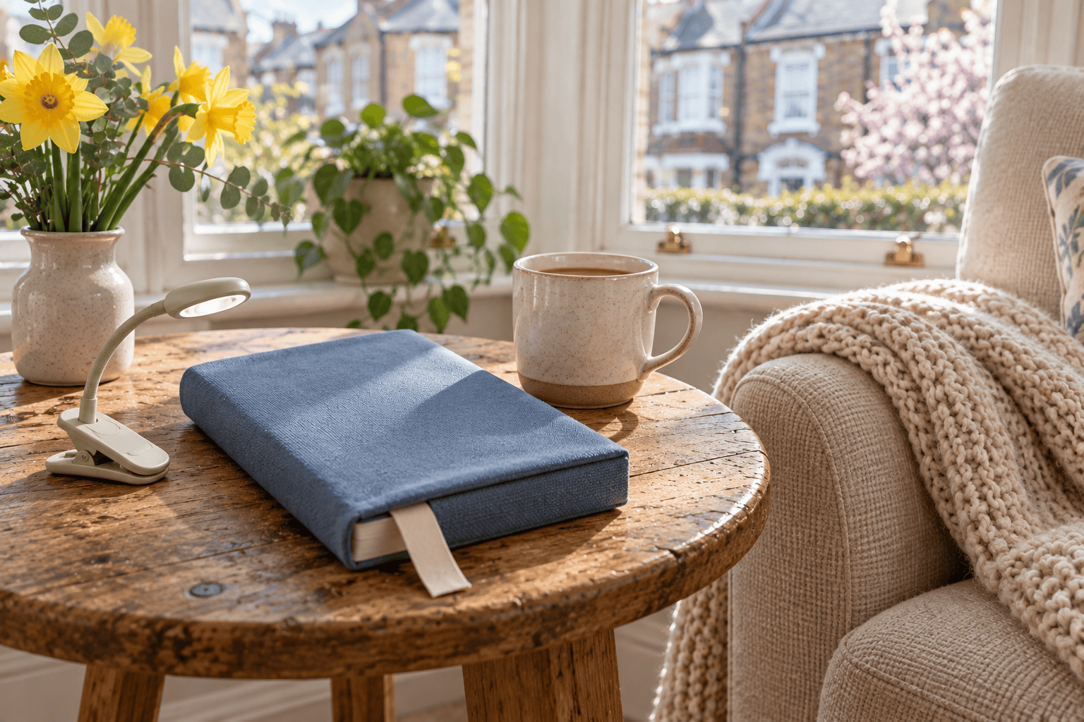 Blue fabric-covered book, clip-on reading light and mug of tea beside an armchair.
