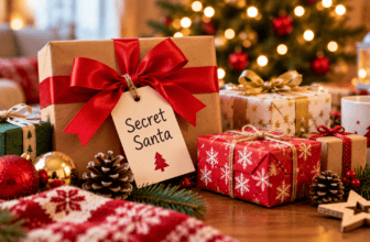 Wrapped Secret Santa gifts beside a Christmas tree