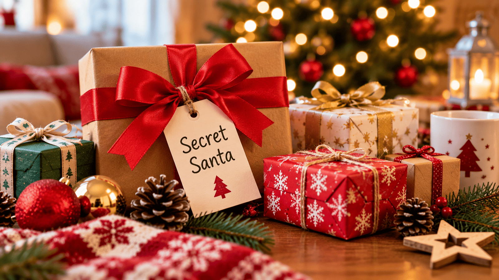 Wrapped Secret Santa gifts beside a Christmas tree
