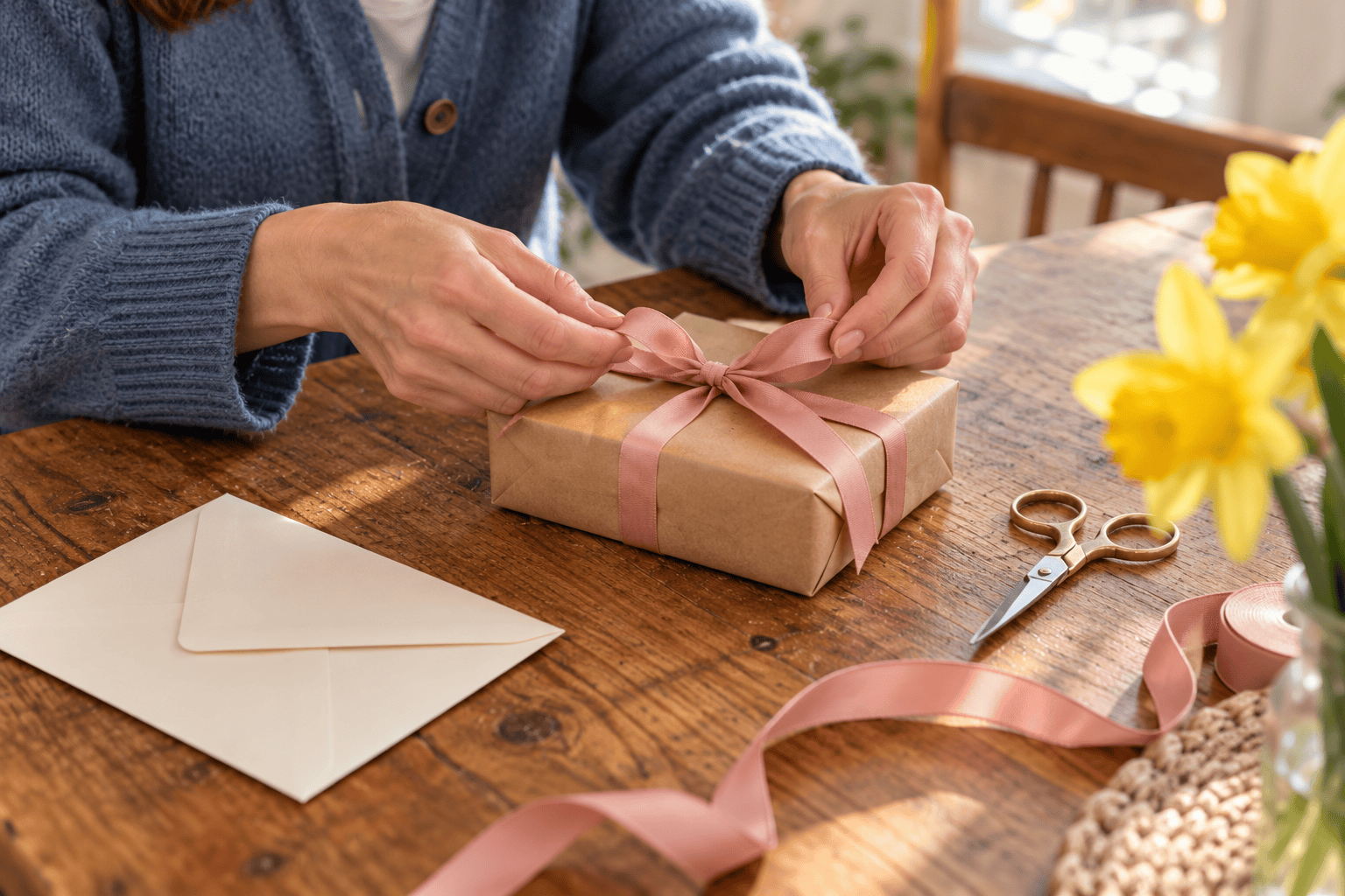 Hands tying a pink ribbon around a brown-paper gift beside a cream envelope.