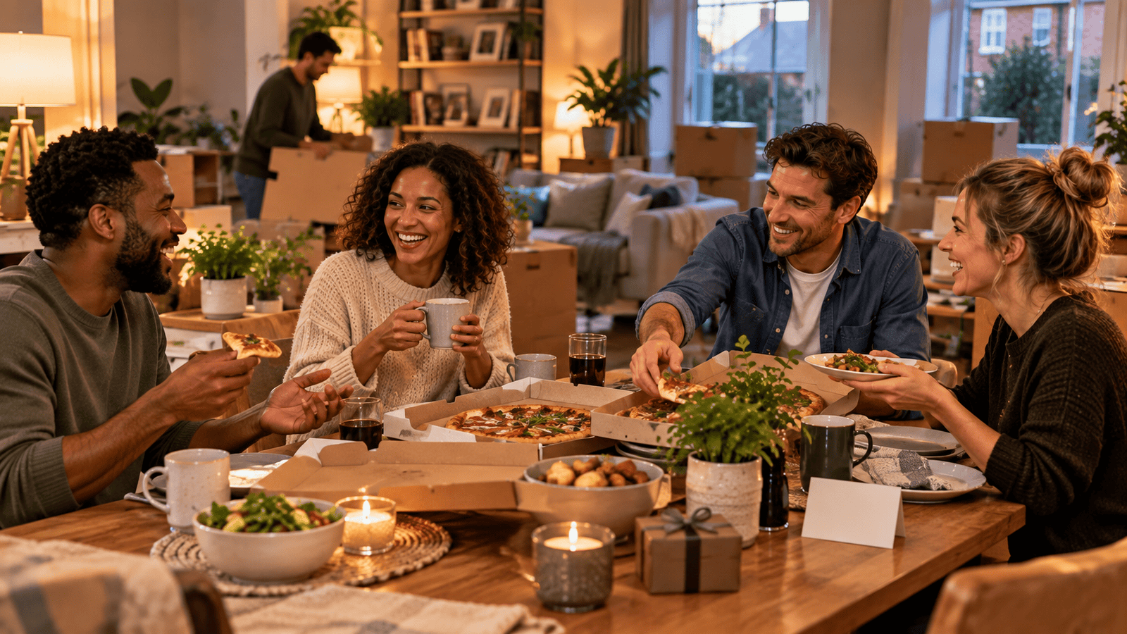 Friends sharing takeaway and helping someone settle into a new home
