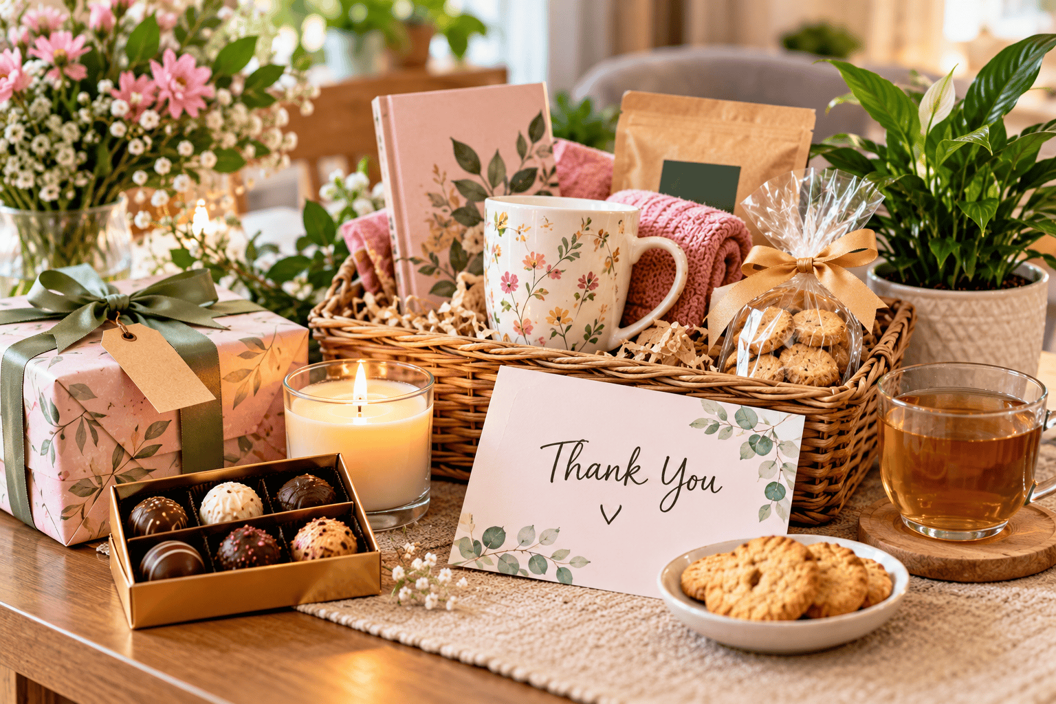 Thank you gift hamper with tea treats candle notebook and plant
