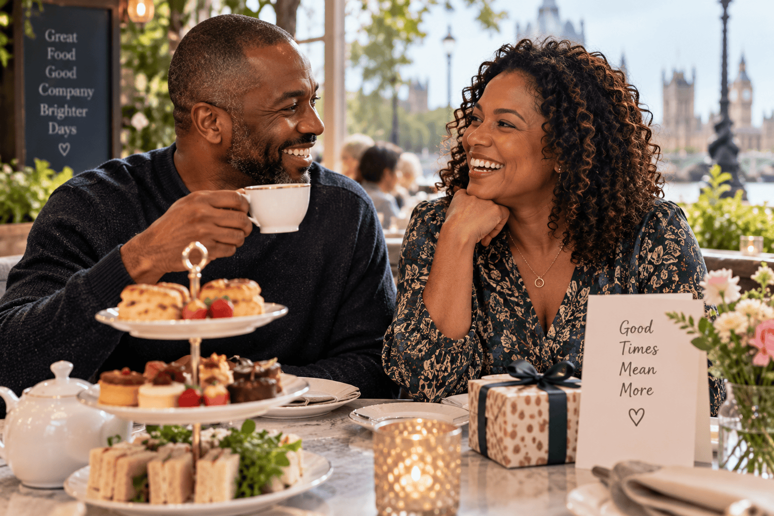Couple enjoying afternoon tea together with a small wrapped birthday gift