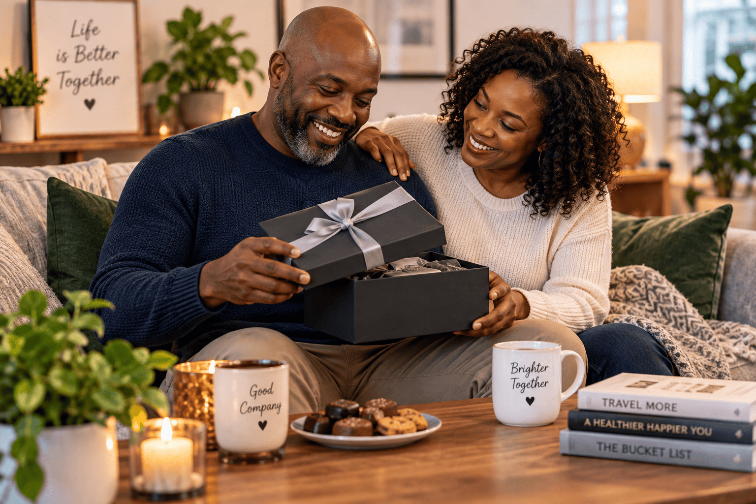 Couple opening a thoughtful anniversary or wedding gift together at home