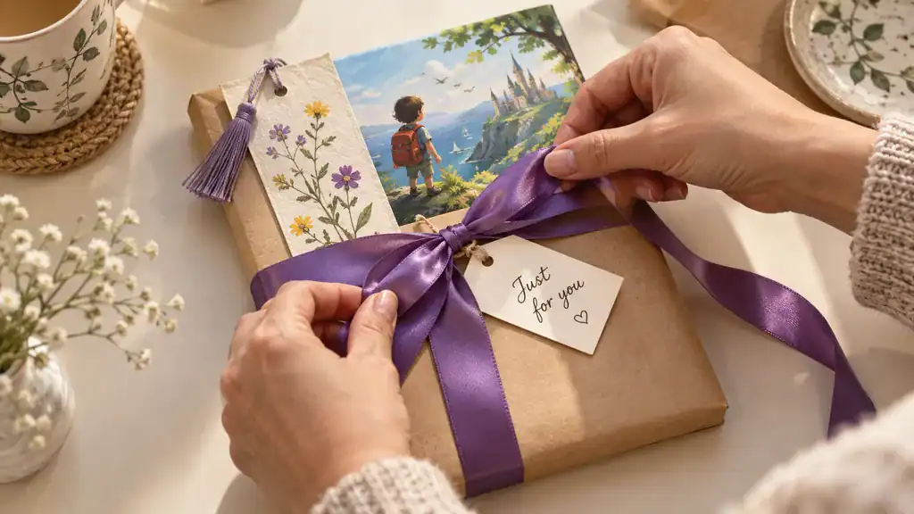 A thoughtfully wrapped book with purple ribbon and a bookmark—an idea from our best gifts for children under £20 guide.