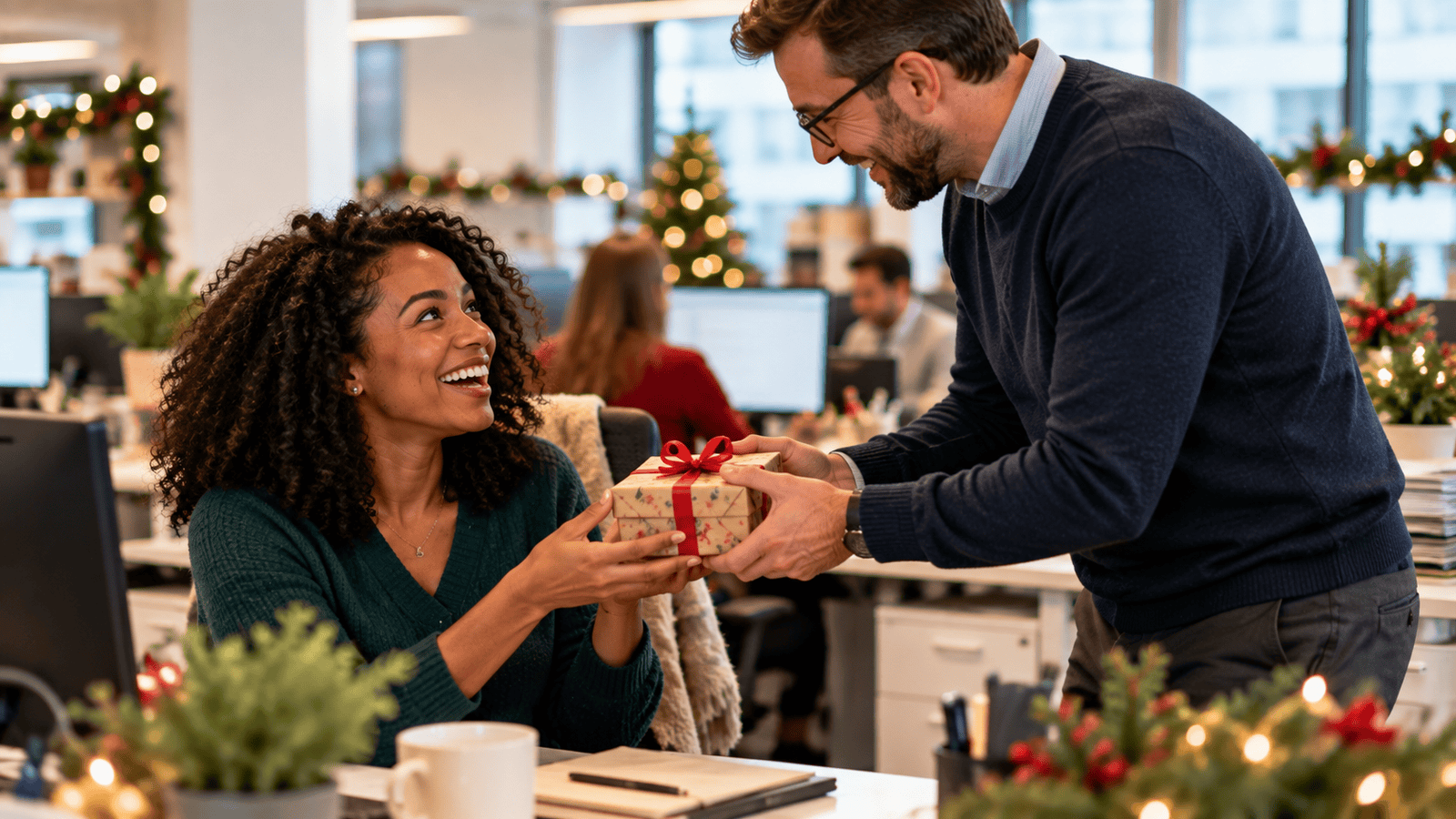 Colleagues exchanging a wrapped present beside a workplace desk