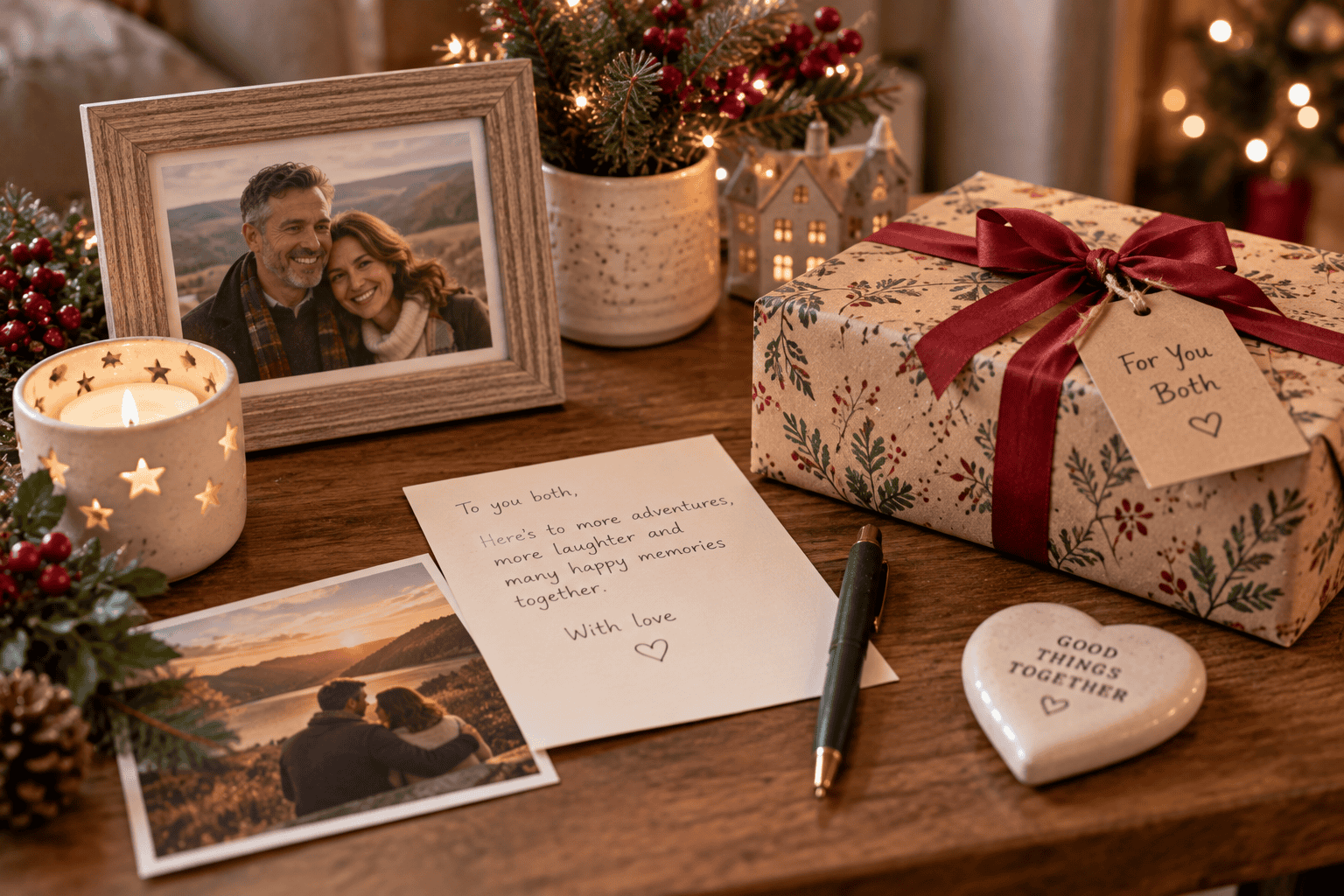 Photographs and a handwritten note representing a meaningful Christmas gift for a couple.