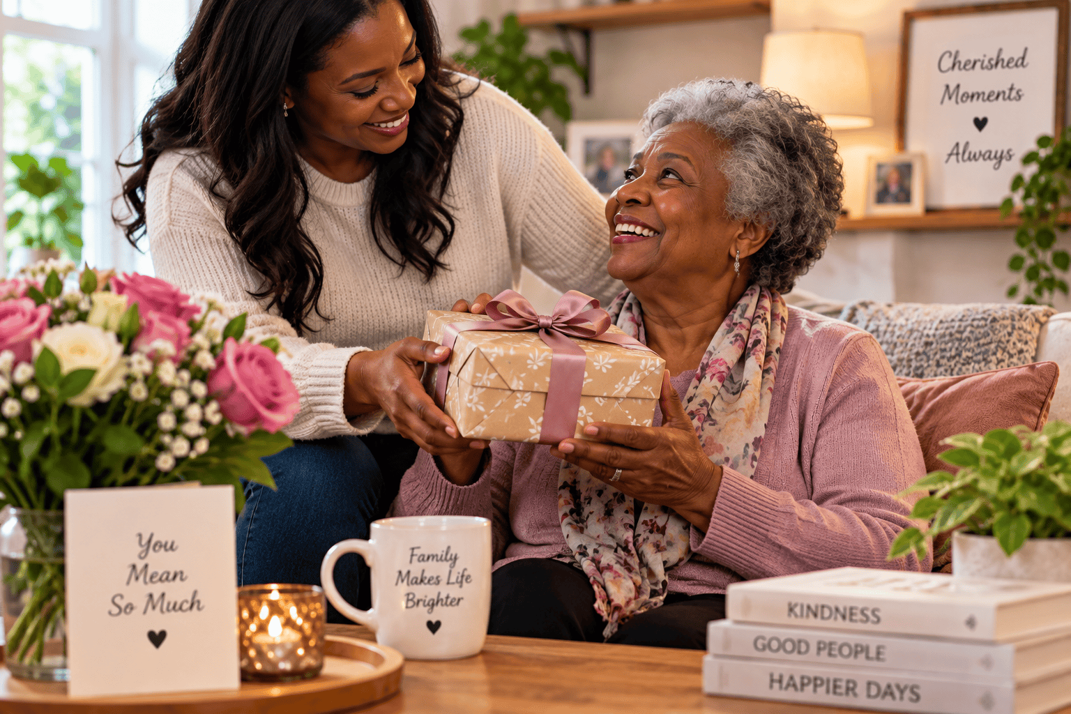 Adult daughter giving her mother a thoughtful family gift at home