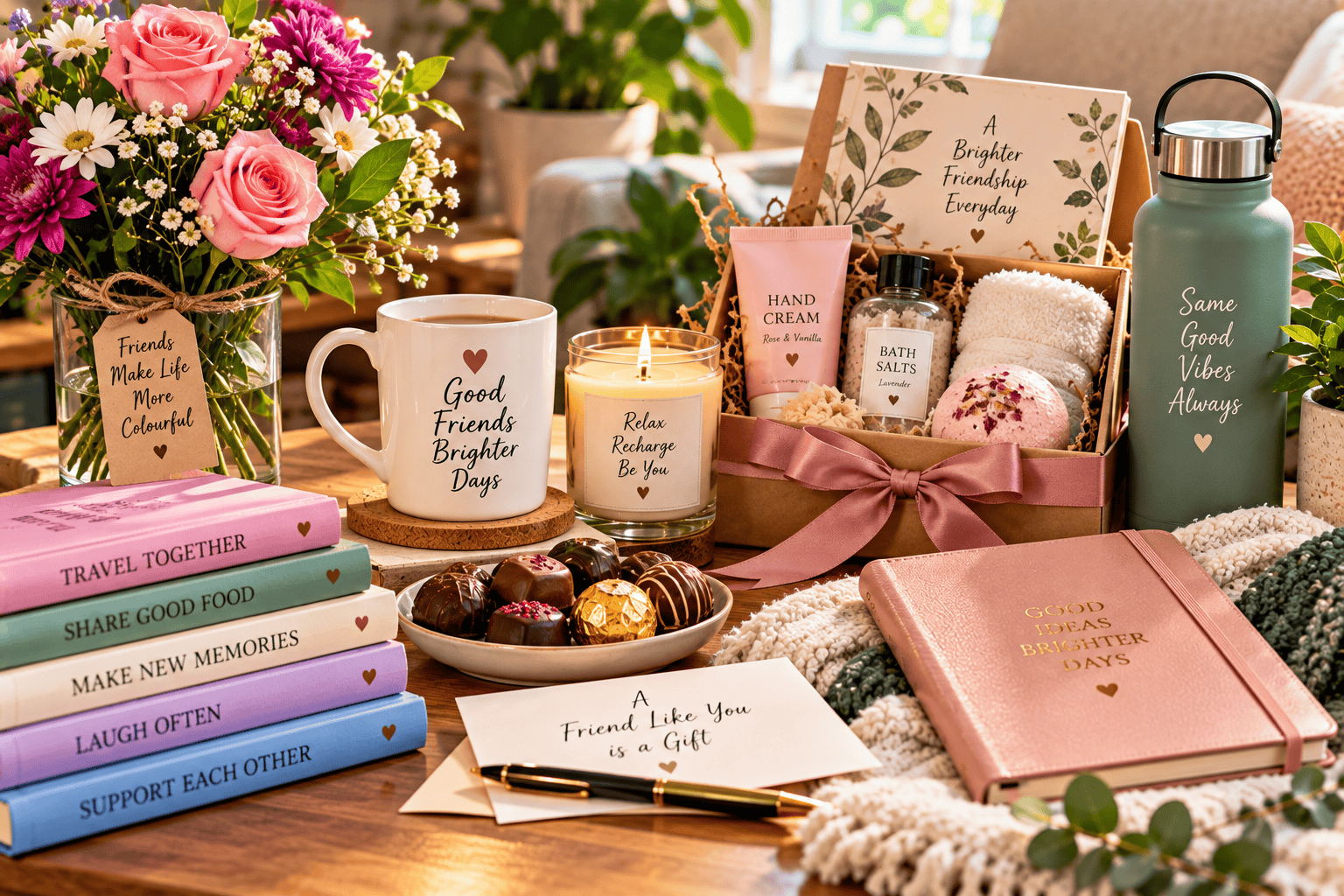 Thoughtful friendship gift ideas including flowers chocolates a journal mug and self-care treats